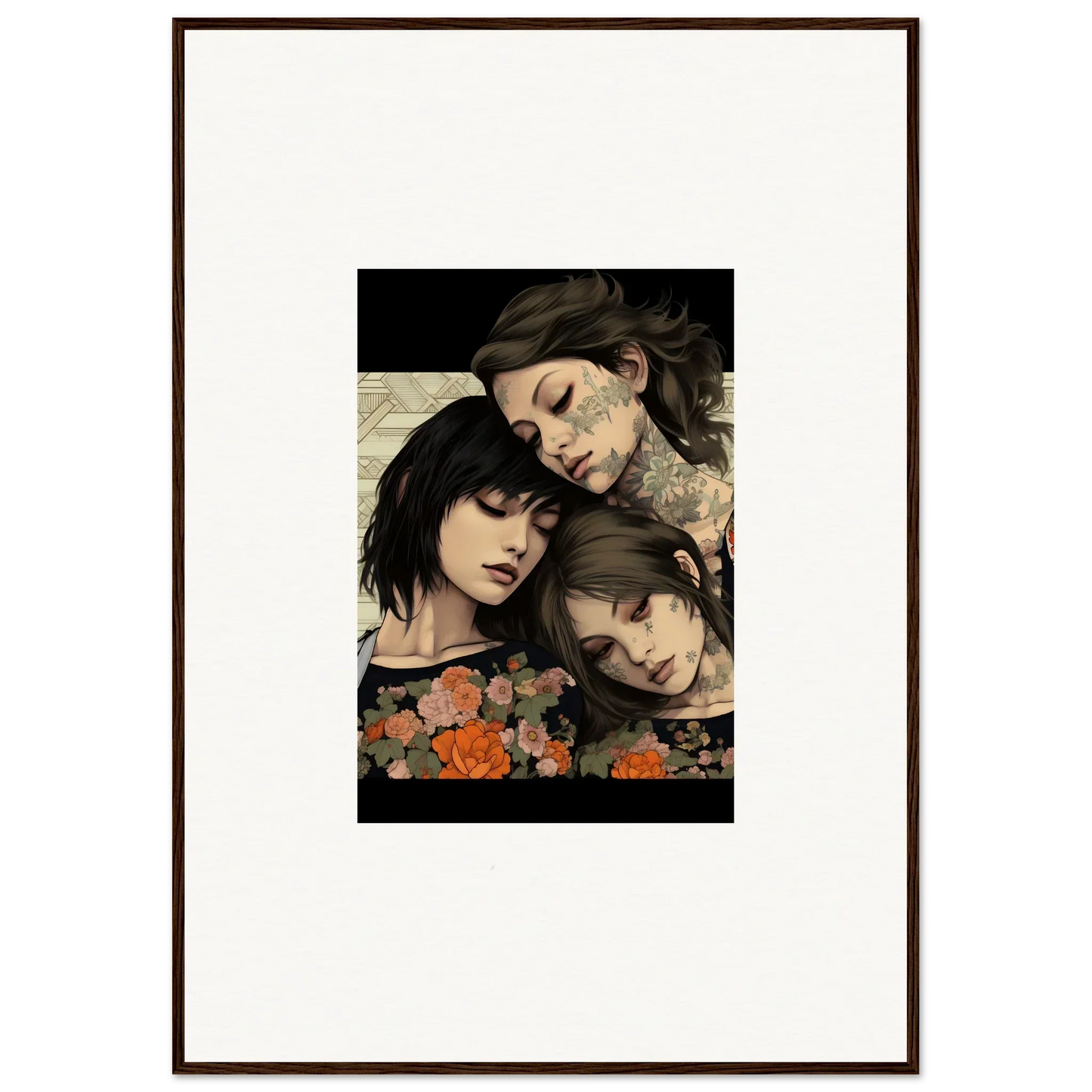 Framed Splendid Daze Flowing artwork of three people with flowers below