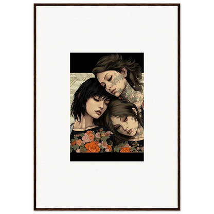 Framed Splendid Daze Flowing artwork of three people with flowers below