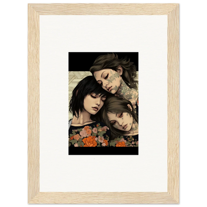 Framed artwork of three dark-haired figures with flowers from Splendid Daze Flowing