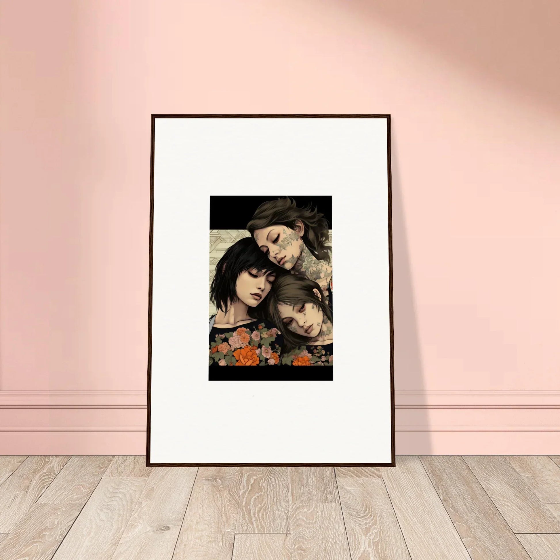 Framed portrait of three people with long dark hair in a warm embrace, Splendid Daze Flowing