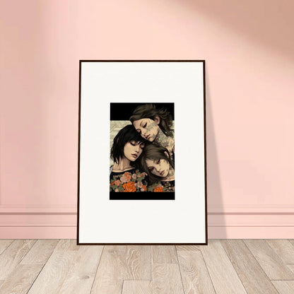 Framed portrait of three people with long dark hair in a warm embrace, Splendid Daze Flowing