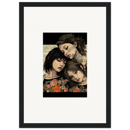 Framed artwork of three dark-haired figures with flowers, part of Splendid Daze Flowing