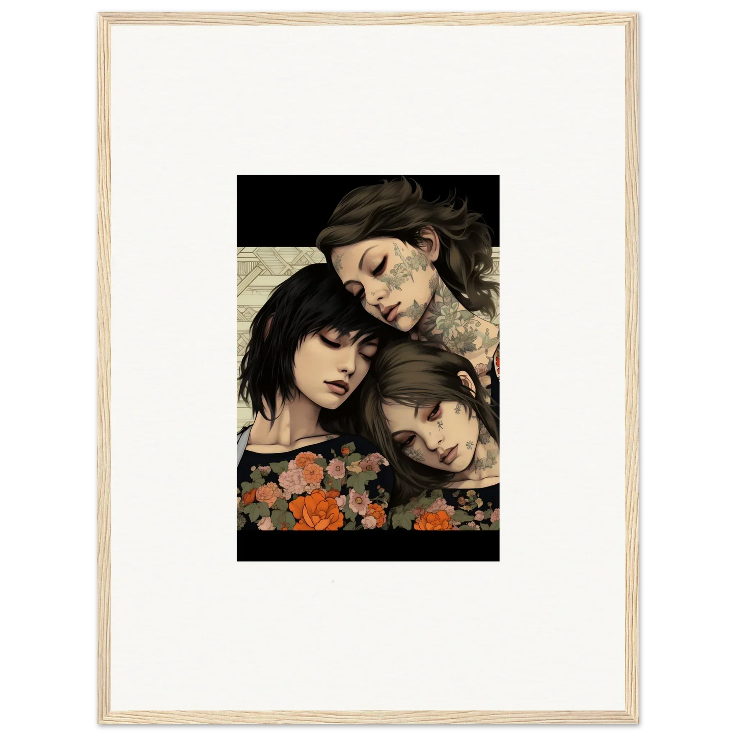 Framed artwork of three faces with floral elements from Splendid Daze Flowing