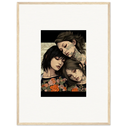 Framed artwork of three faces with floral elements from Splendid Daze Flowing