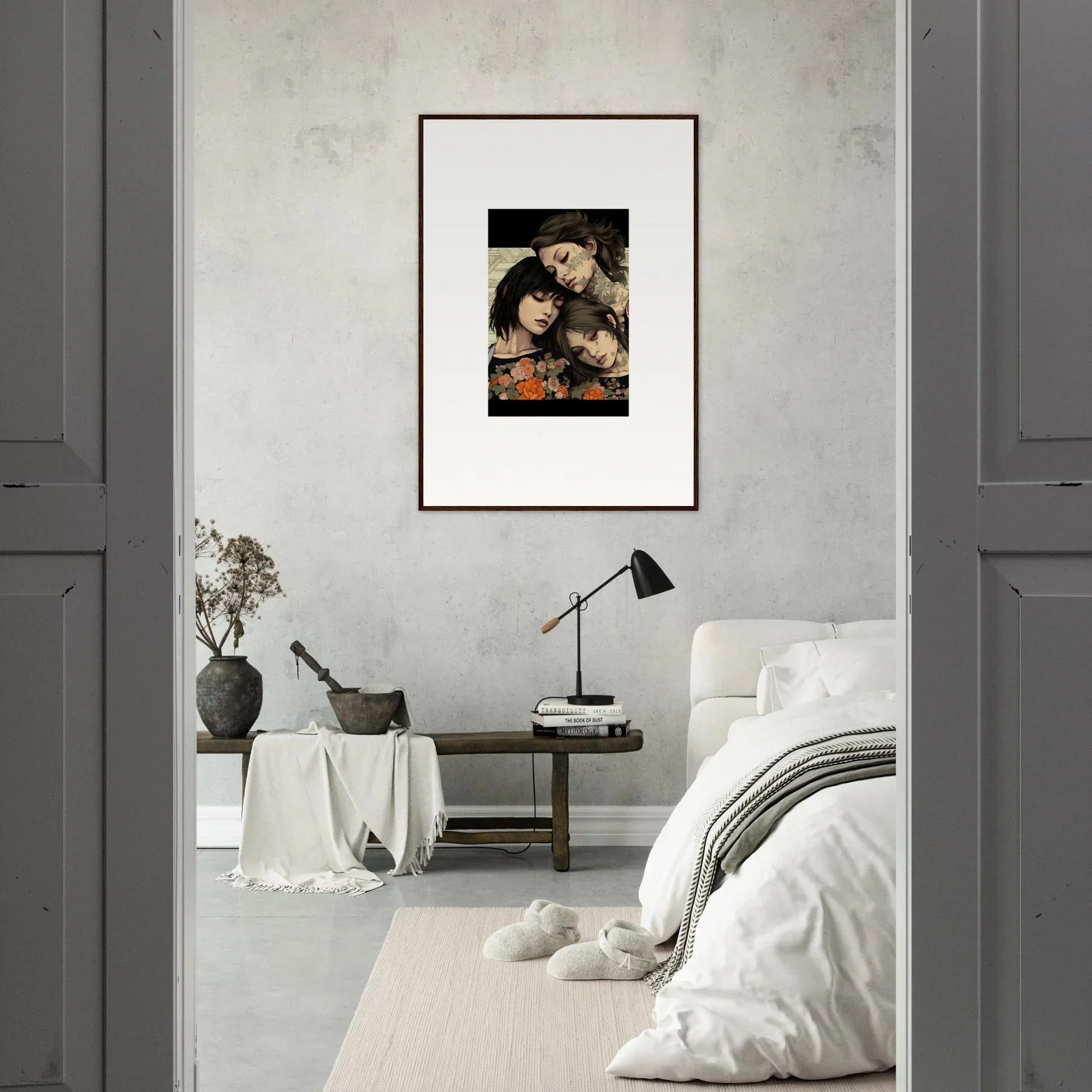 Framed portrait of three people on a white wall, perfect for Splendid Daze Flowing