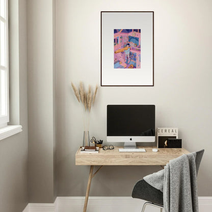 Minimalist home office with wooden desk, computer, and stylish wall art canvas print