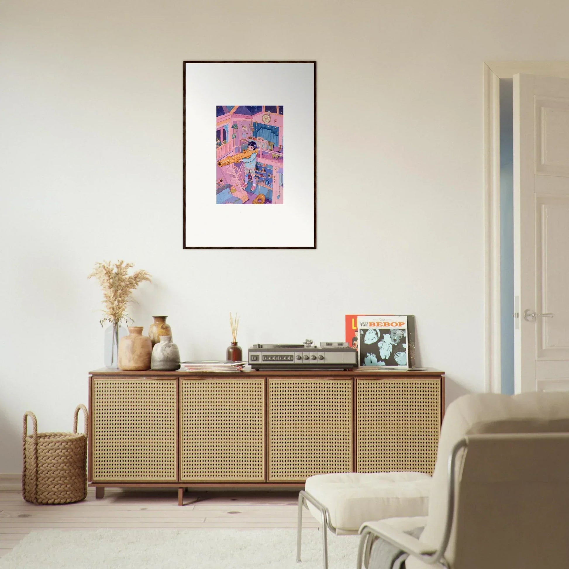 Wooden sideboard with cane doors, perfect for room decoration and displaying wall art