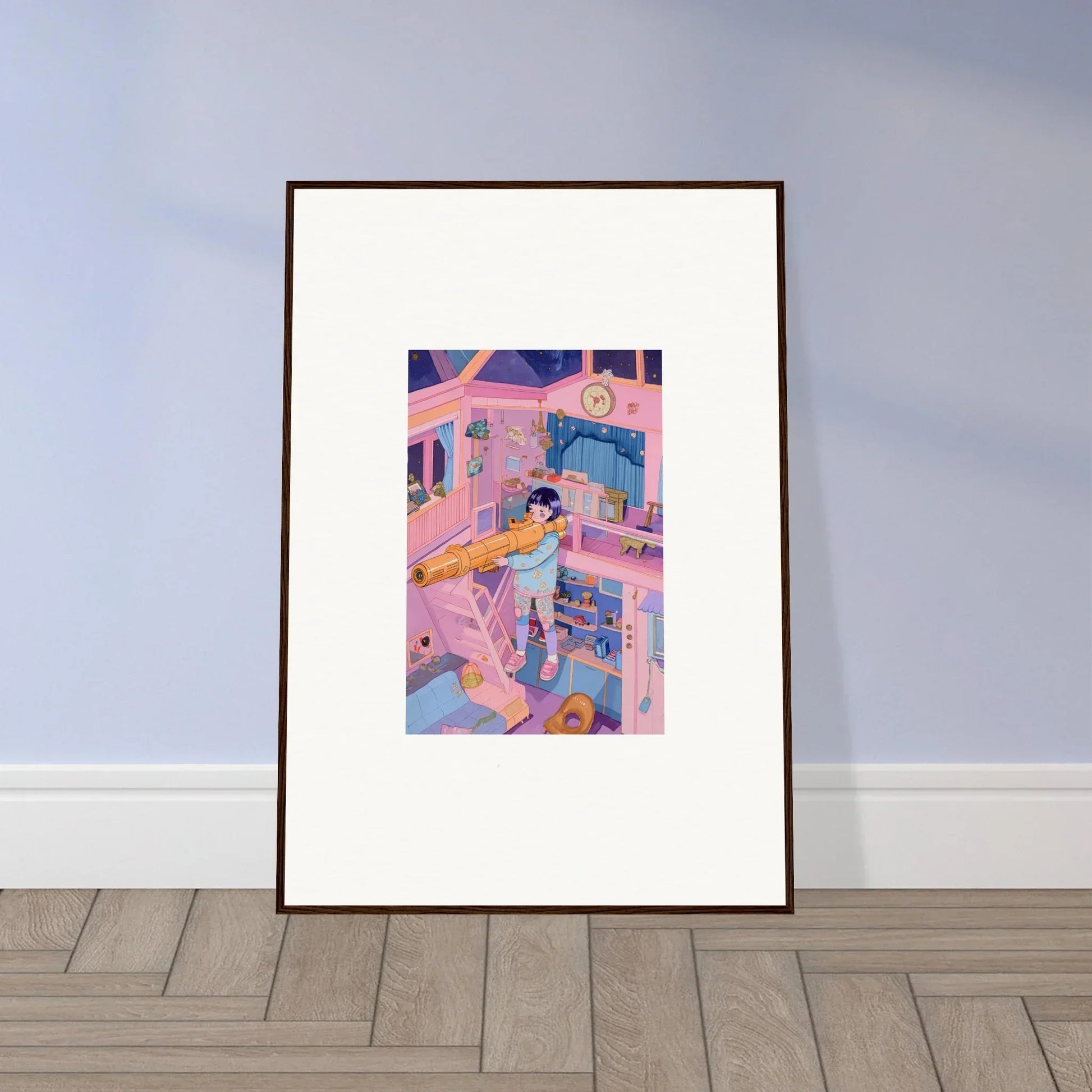 Colorful canvas print featuring whimsical wall art in a dreamy interior setting