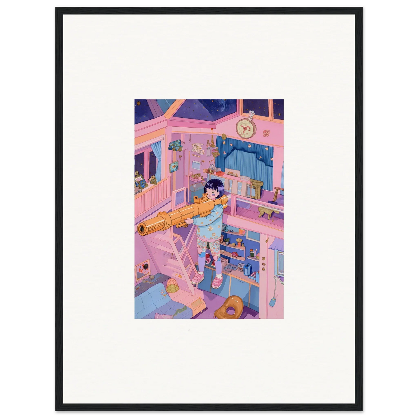 Colorful canvas print of a whimsical room scene with a figure ironing for unique wall art