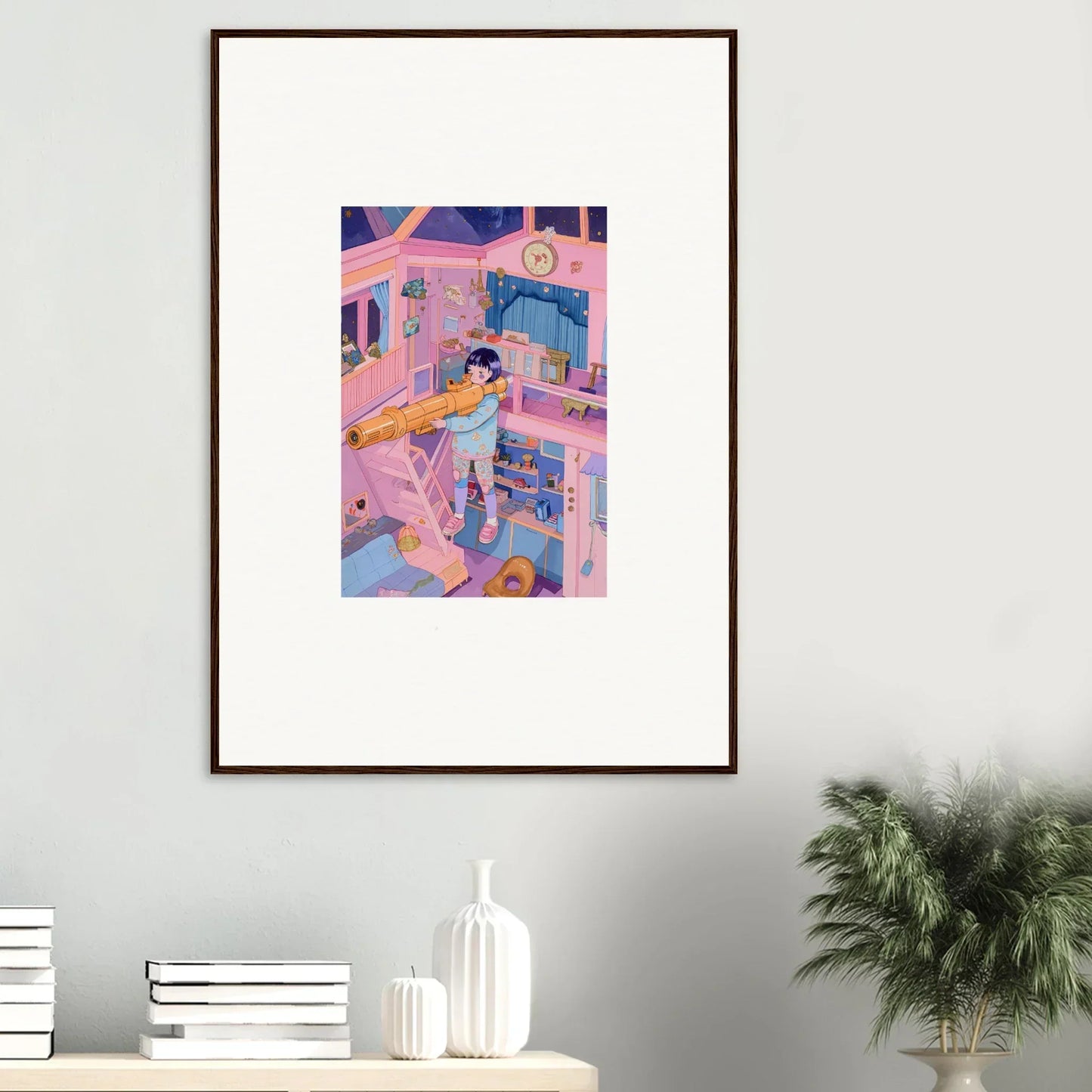 Colorful whimsical bedroom illustration, perfect for room decoration or wall art