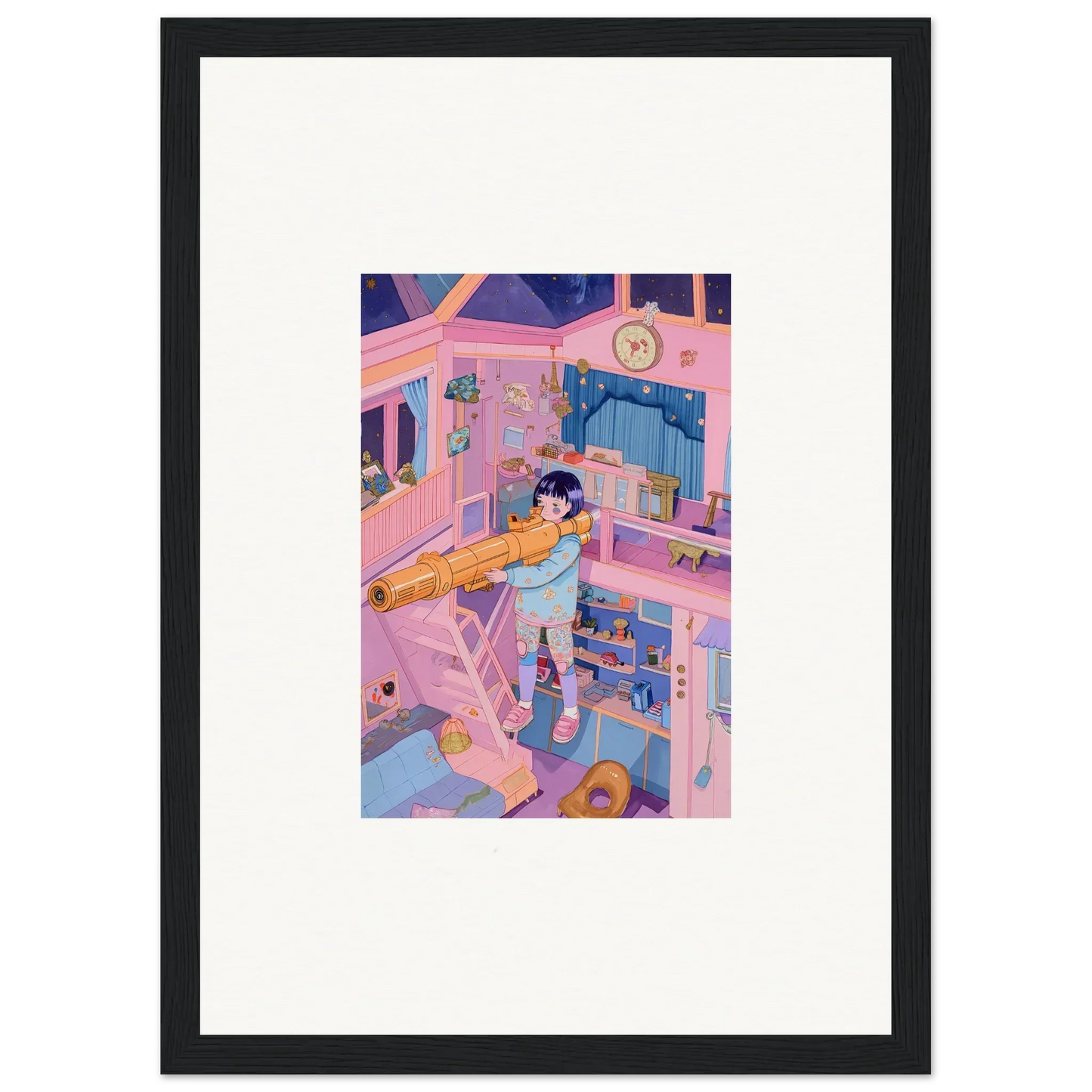 Colorful whimsical bedroom wall art canvas print with a figure stretching