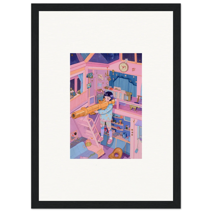 Colorful whimsical bedroom wall art canvas print with a figure stretching