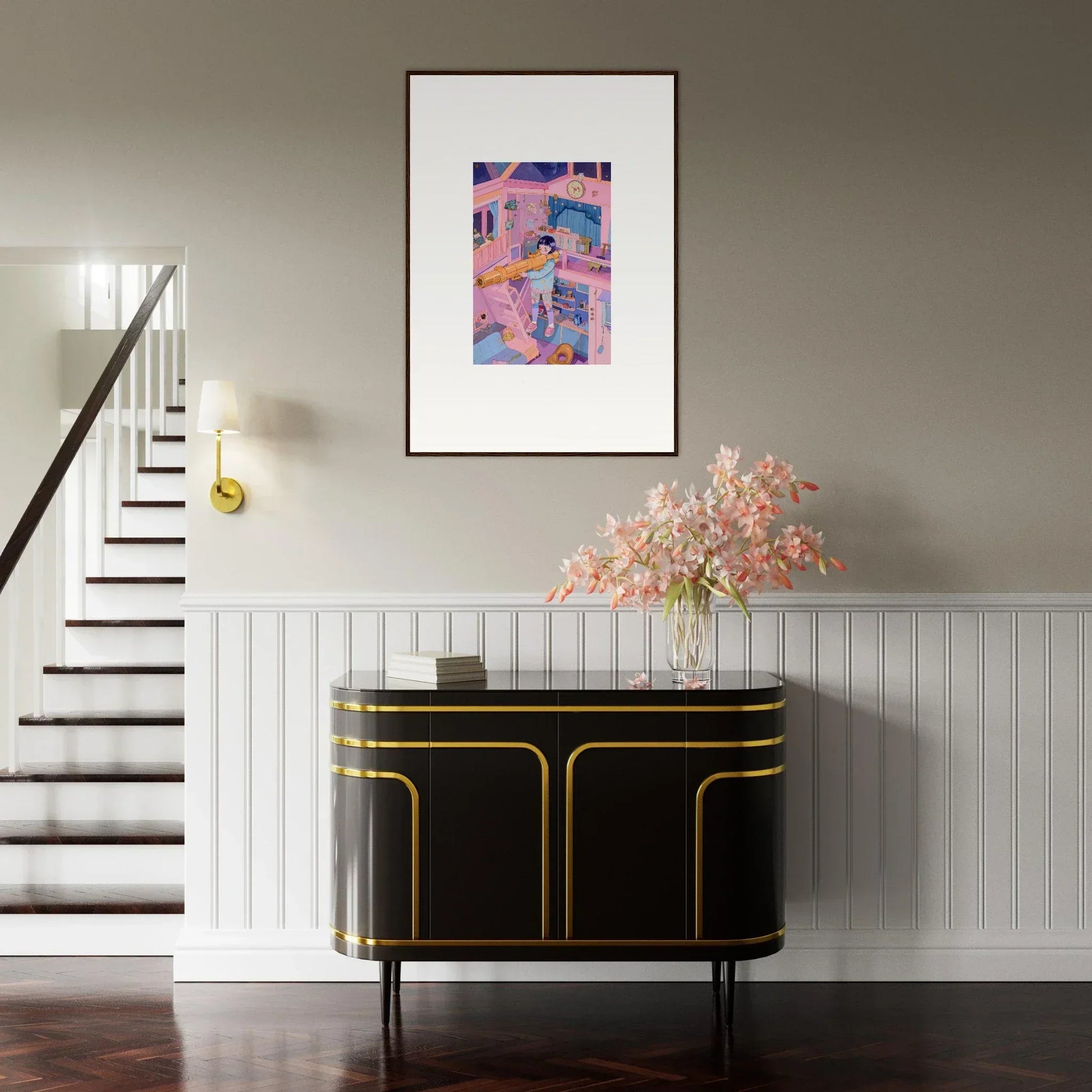 Elegant black and gold sideboard under vibrant wall art for stylish room decoration