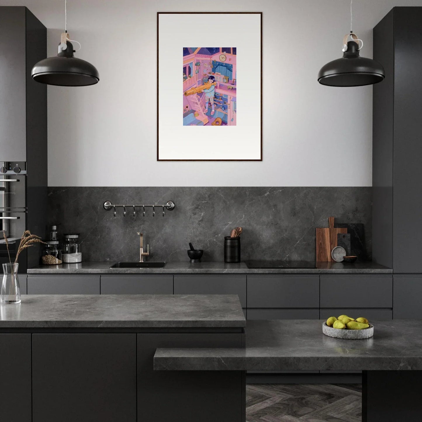 Modern kitchen with dark cabinetry and colorful wall art for stylish room decoration