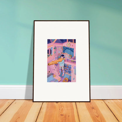 Framed canvas print of a person in pajamas floating in a dreamy bedroom scene, perfect wall art