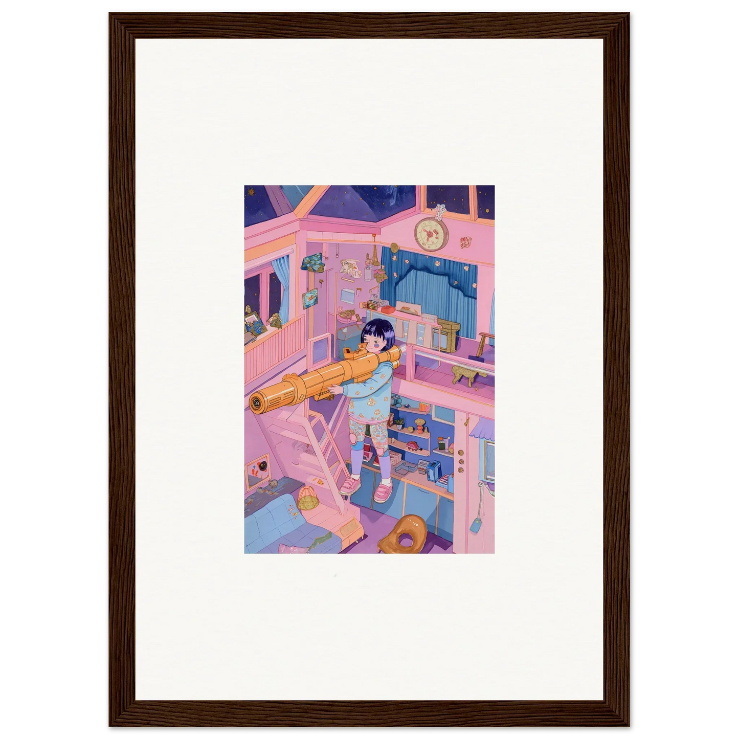 Framed canvas print of a whimsical bedroom for fun room decoration wall art