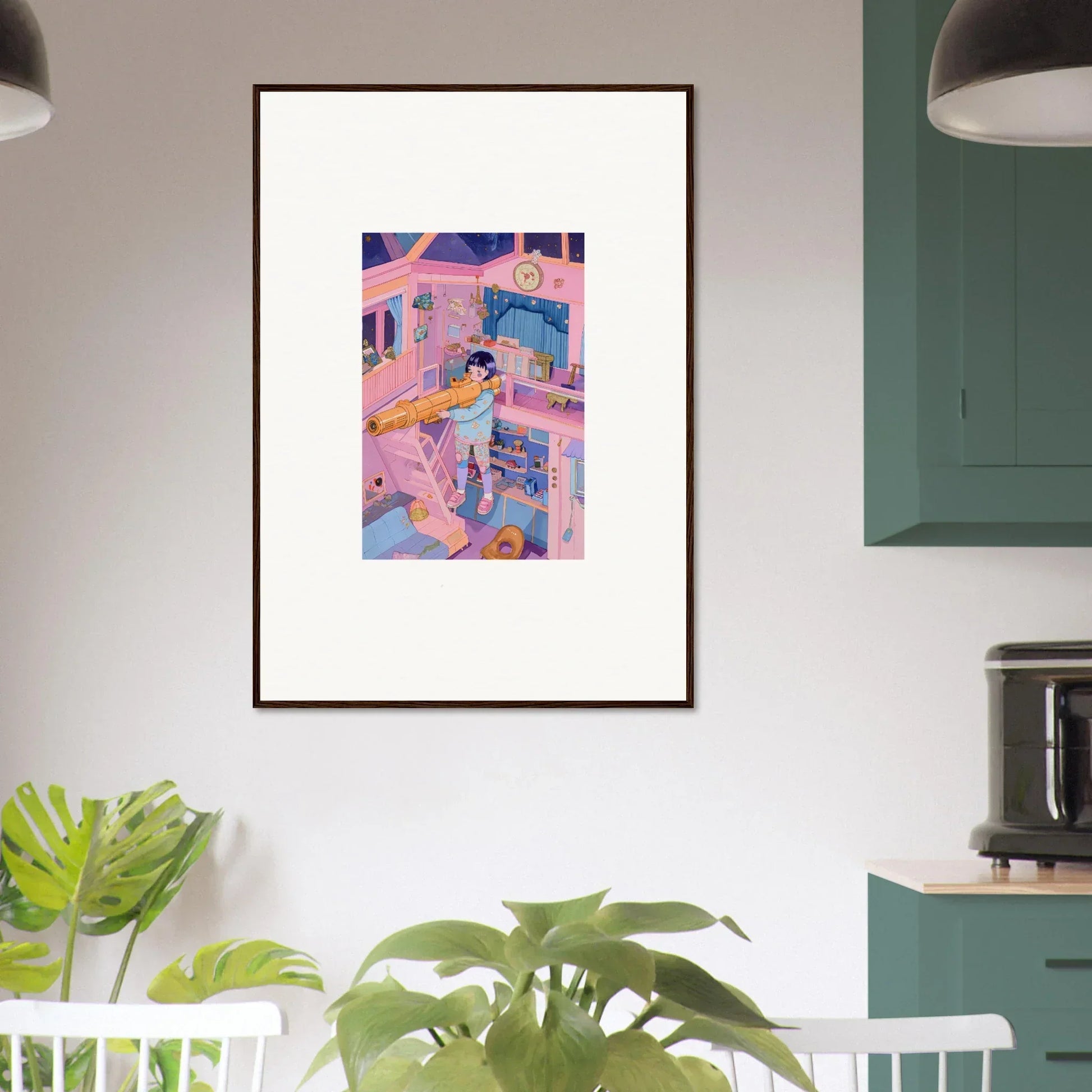 Colorful canvas print of a whimsical person in a cozy room for fun wall art