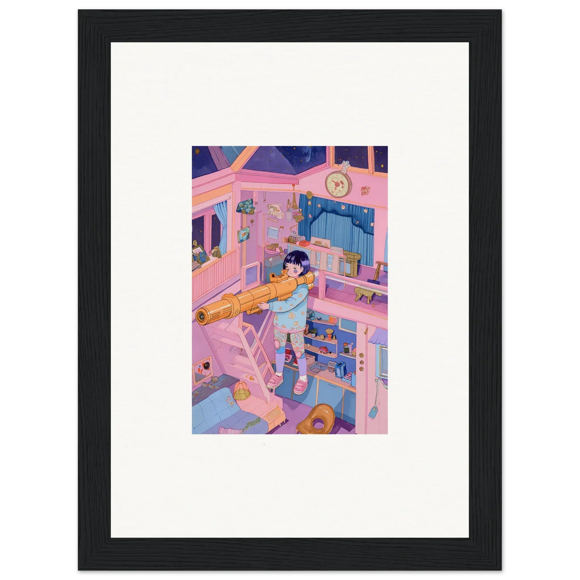 Framed wall art of a person in a colorful bedroom for stylish room decoration