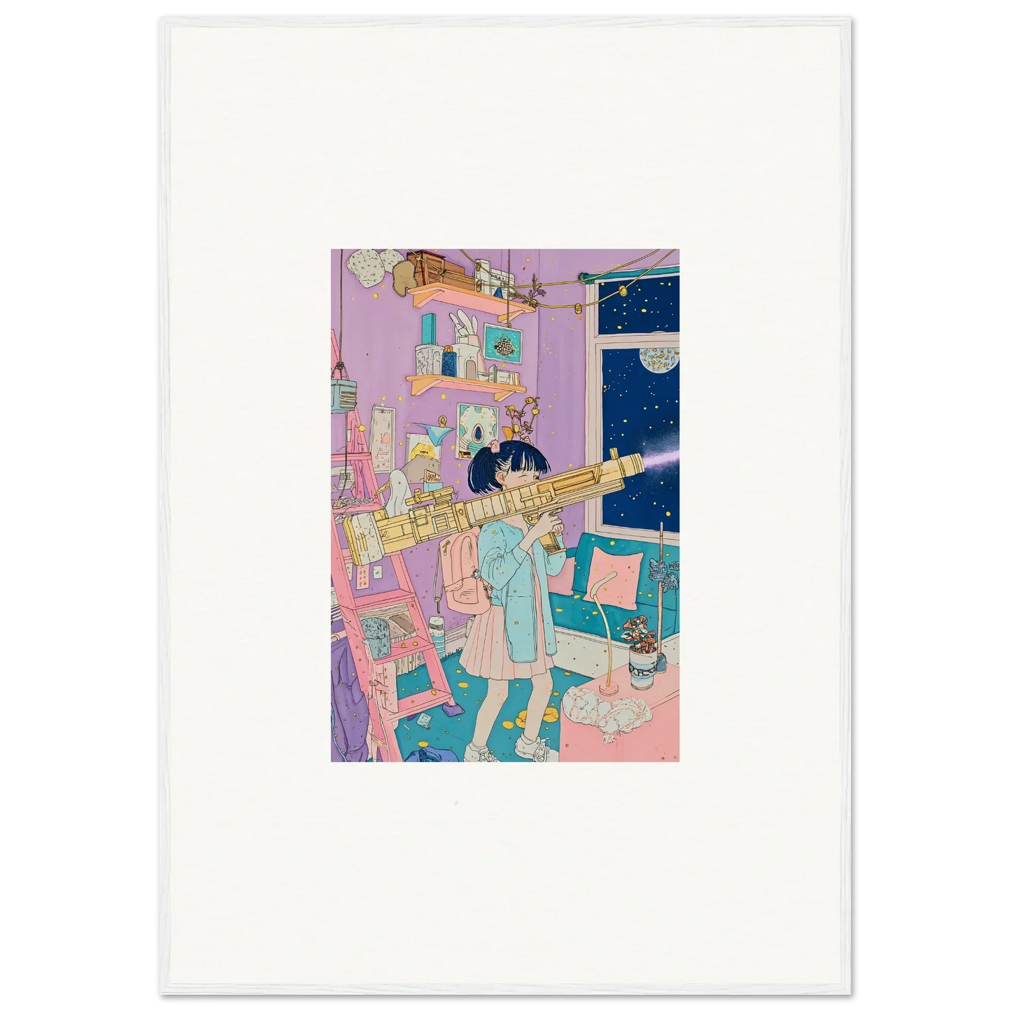 Person in a whimsical room using a telescope to gaze at the starry sky canvas print