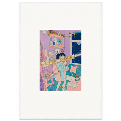 Person in a whimsical room using a telescope to gaze at the starry sky canvas print