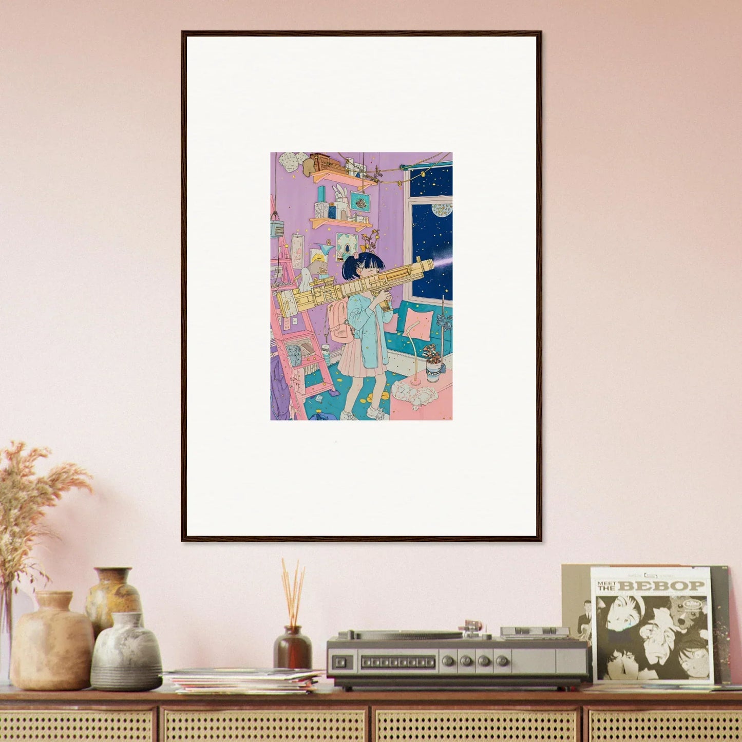 Framed canvas print of a colorful figure playing guitar for lost sight room decoration