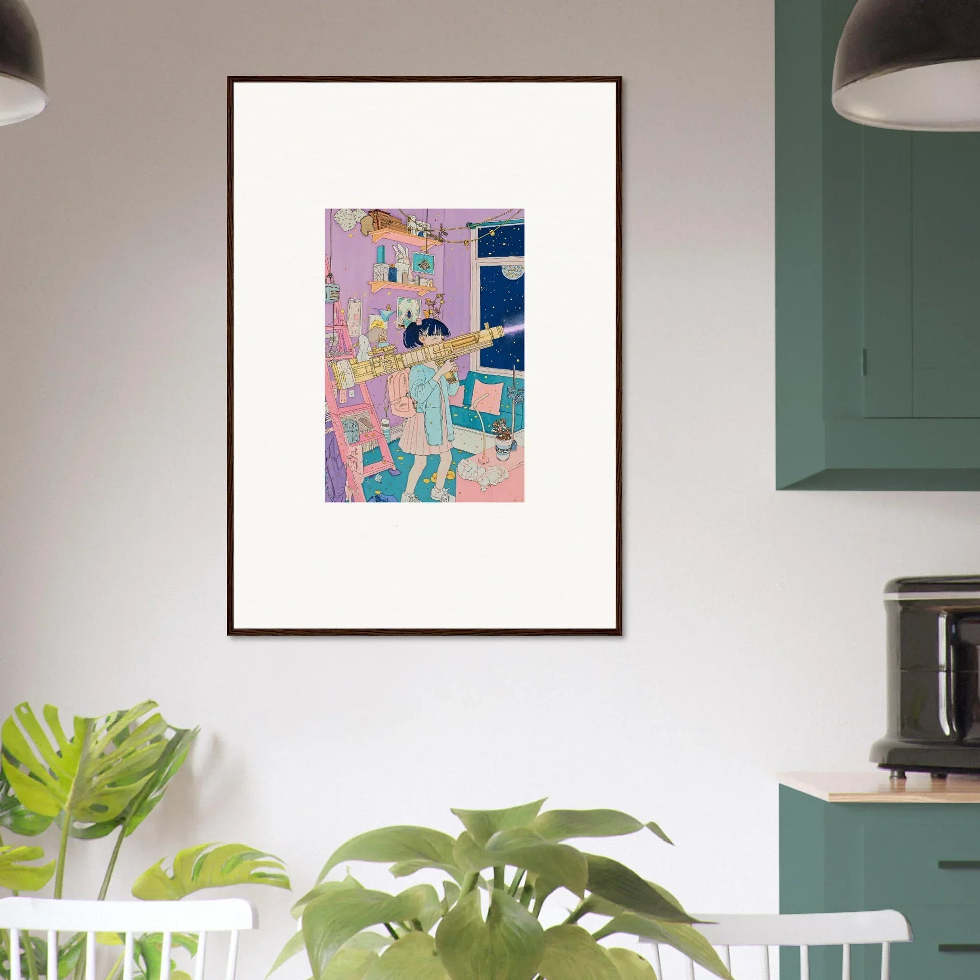 Colorful framed canvas print of a stylized figure by a window for room decoration