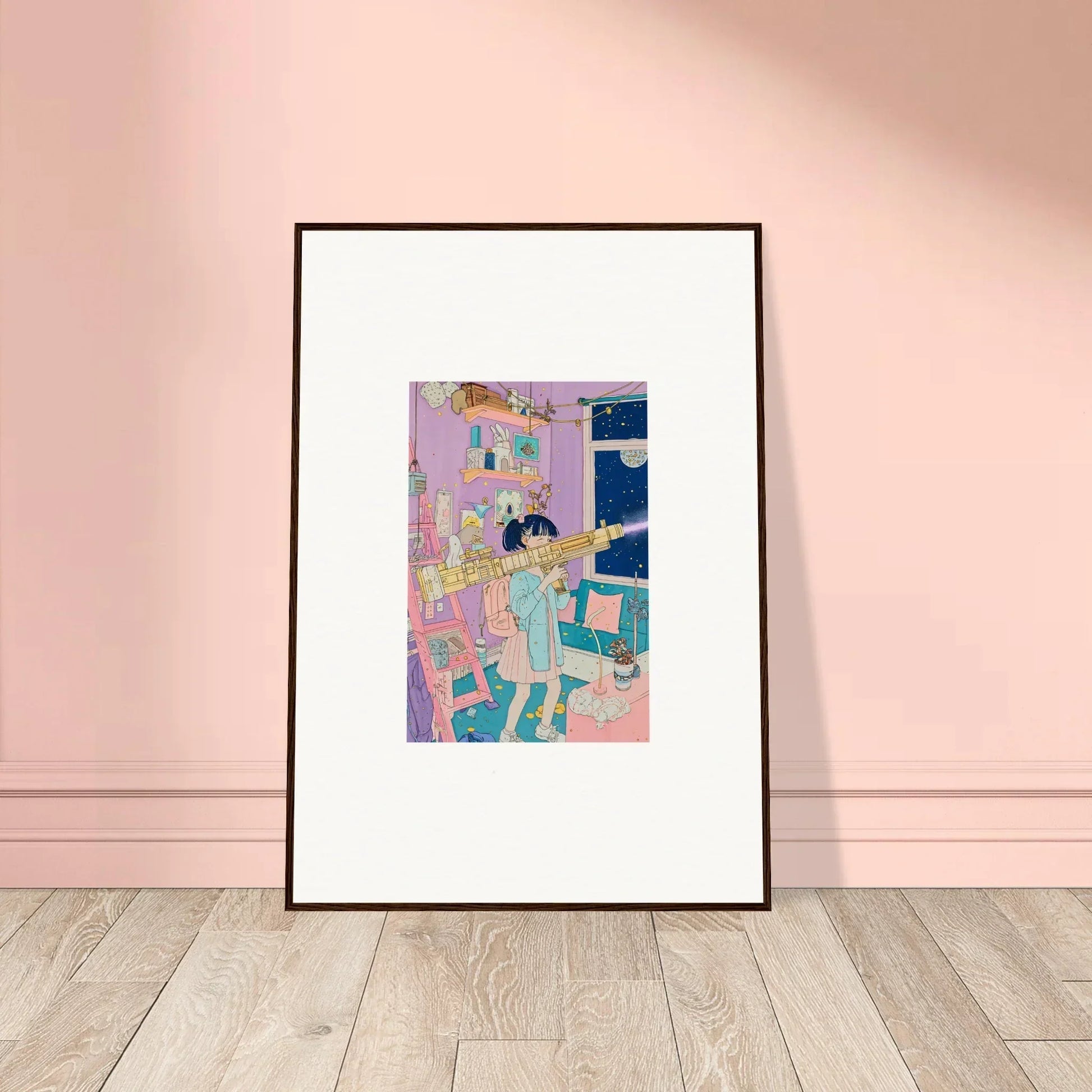 Framed canvas print of a whimsical bedroom scene for lost sight room decoration