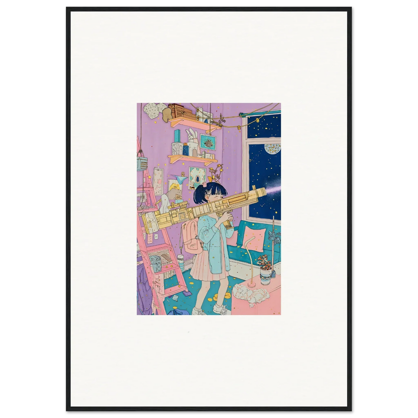 Framed canvas print of whimsical art showing a person with a telescope for room decoration