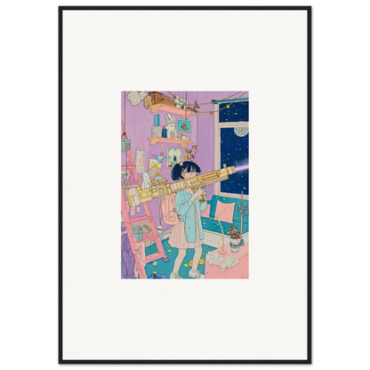 Framed canvas print of whimsical art showing a person with a telescope for room decoration