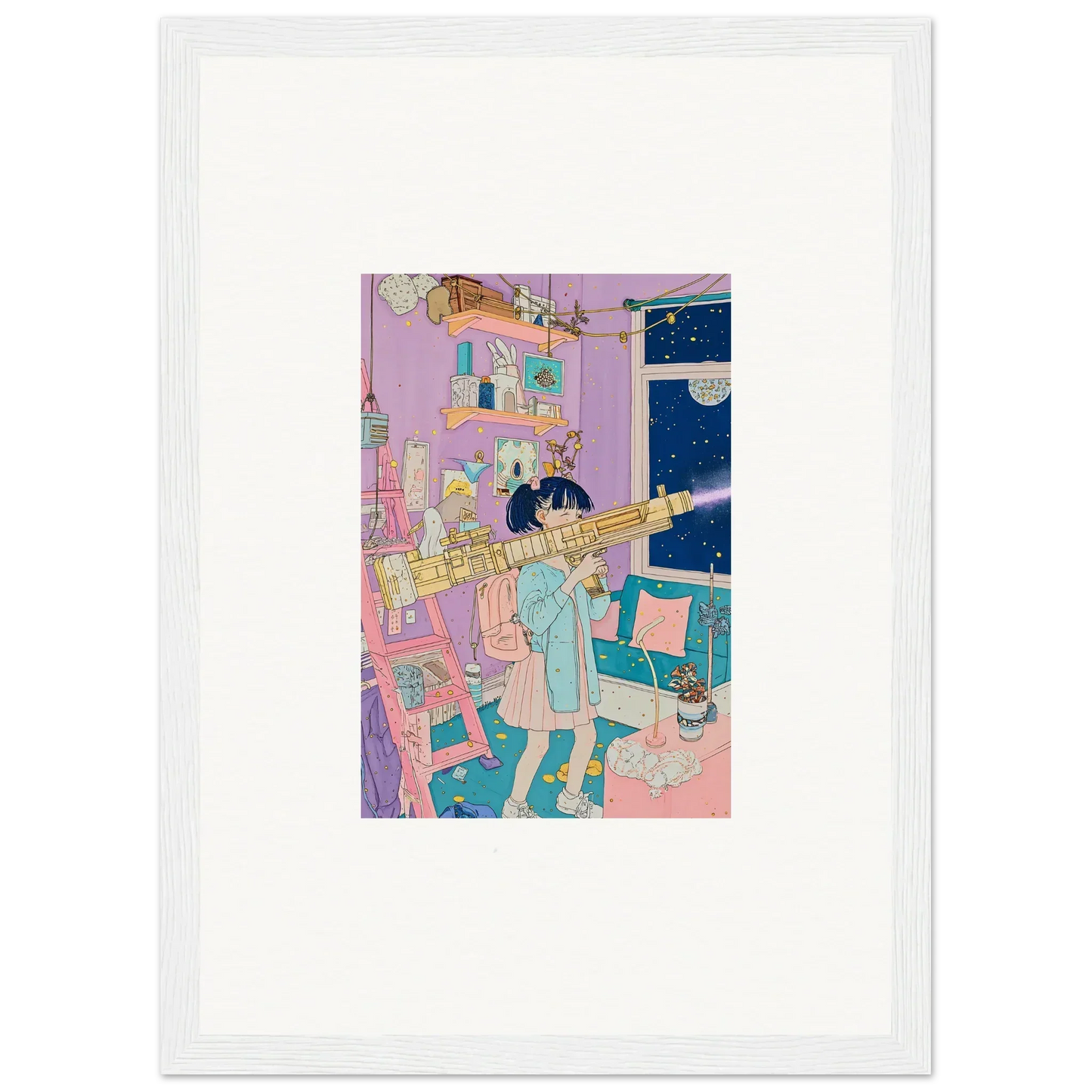 Framed canvas print of a person playing guitar in a colorful, whimsical room decoration