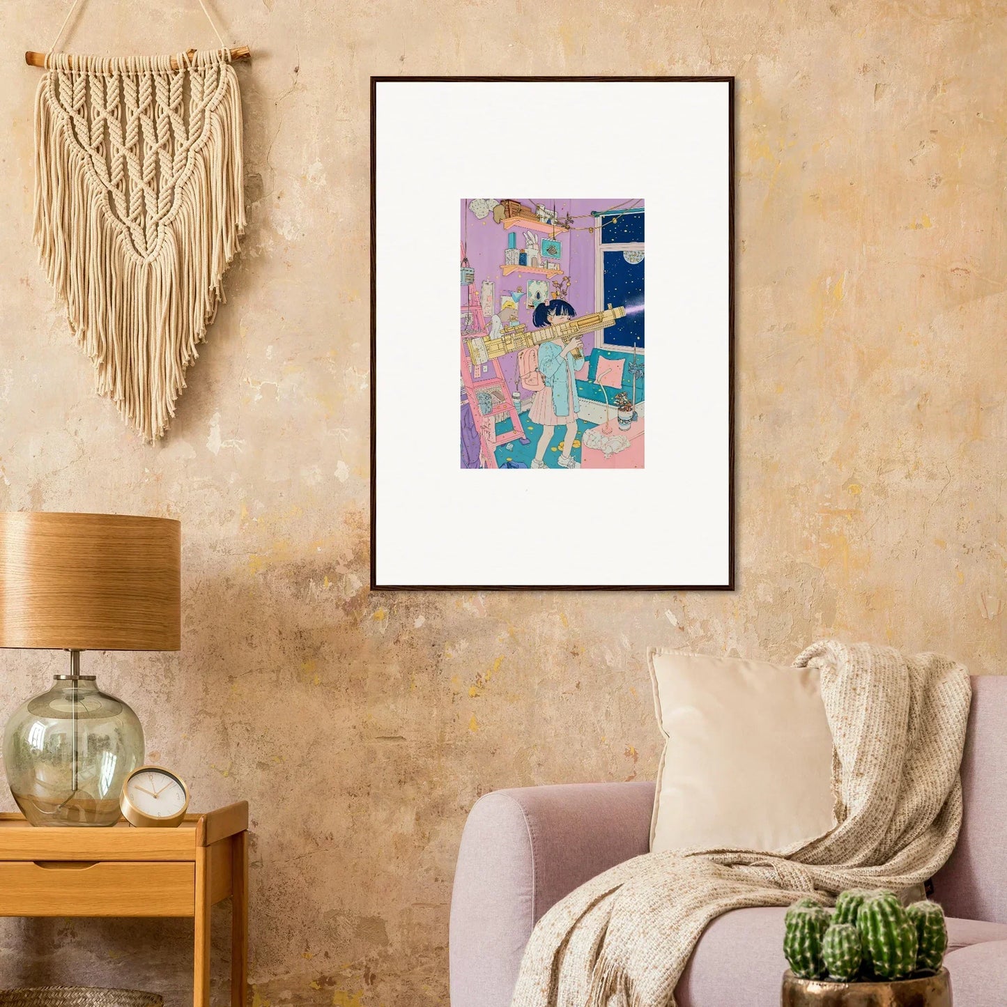 Framed colorful canvas print of a figure gazing out a window at night for room decoration