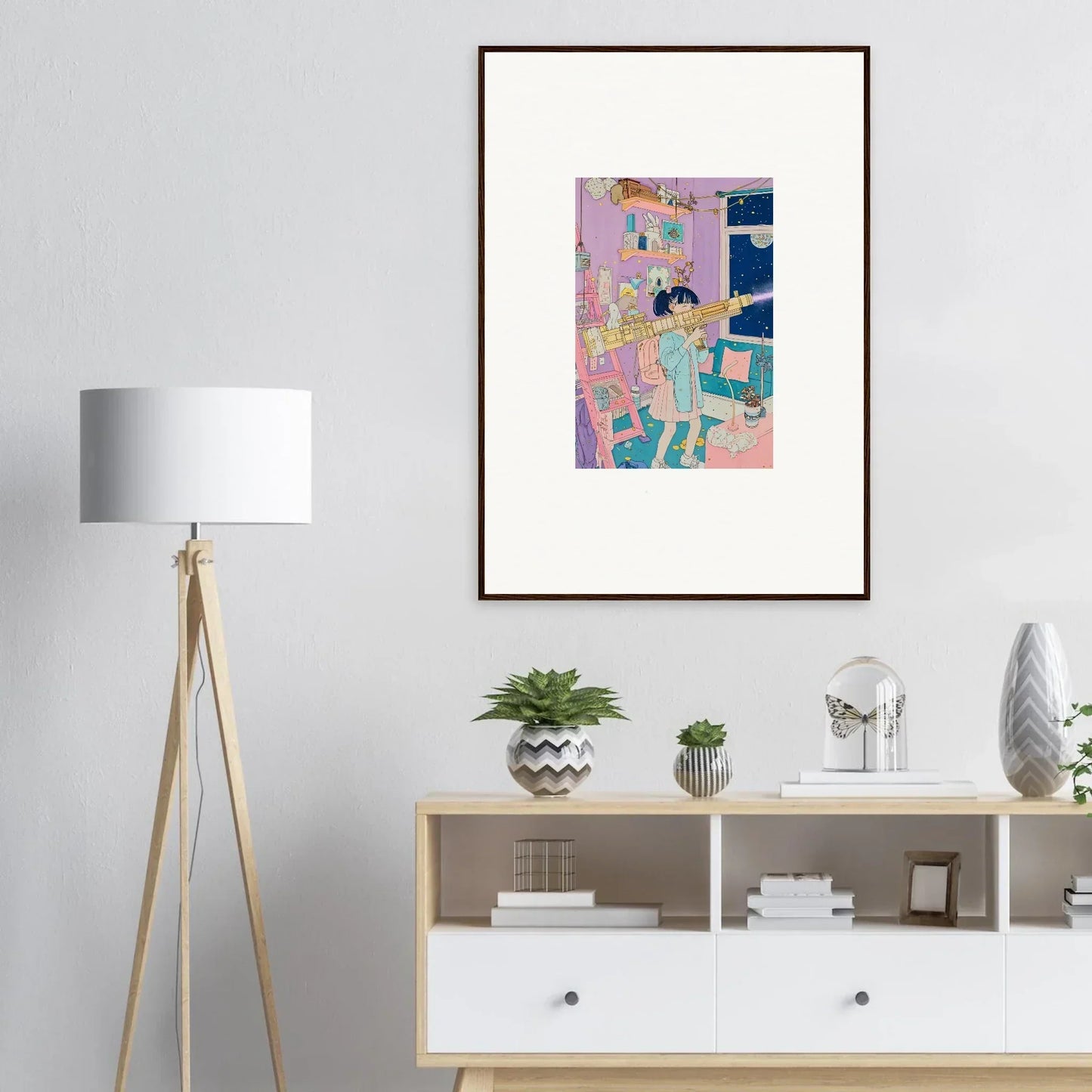 Framed pastel abstract canvas print showing a stylized figure for cozy room decoration