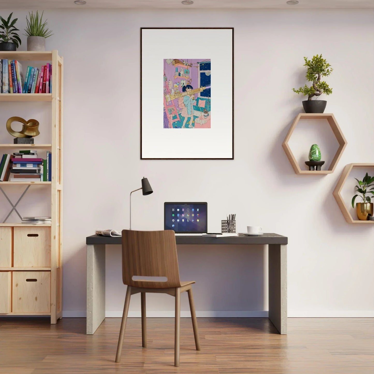 Home office workspace with desk, chair, and canvas print for stylish room decoration