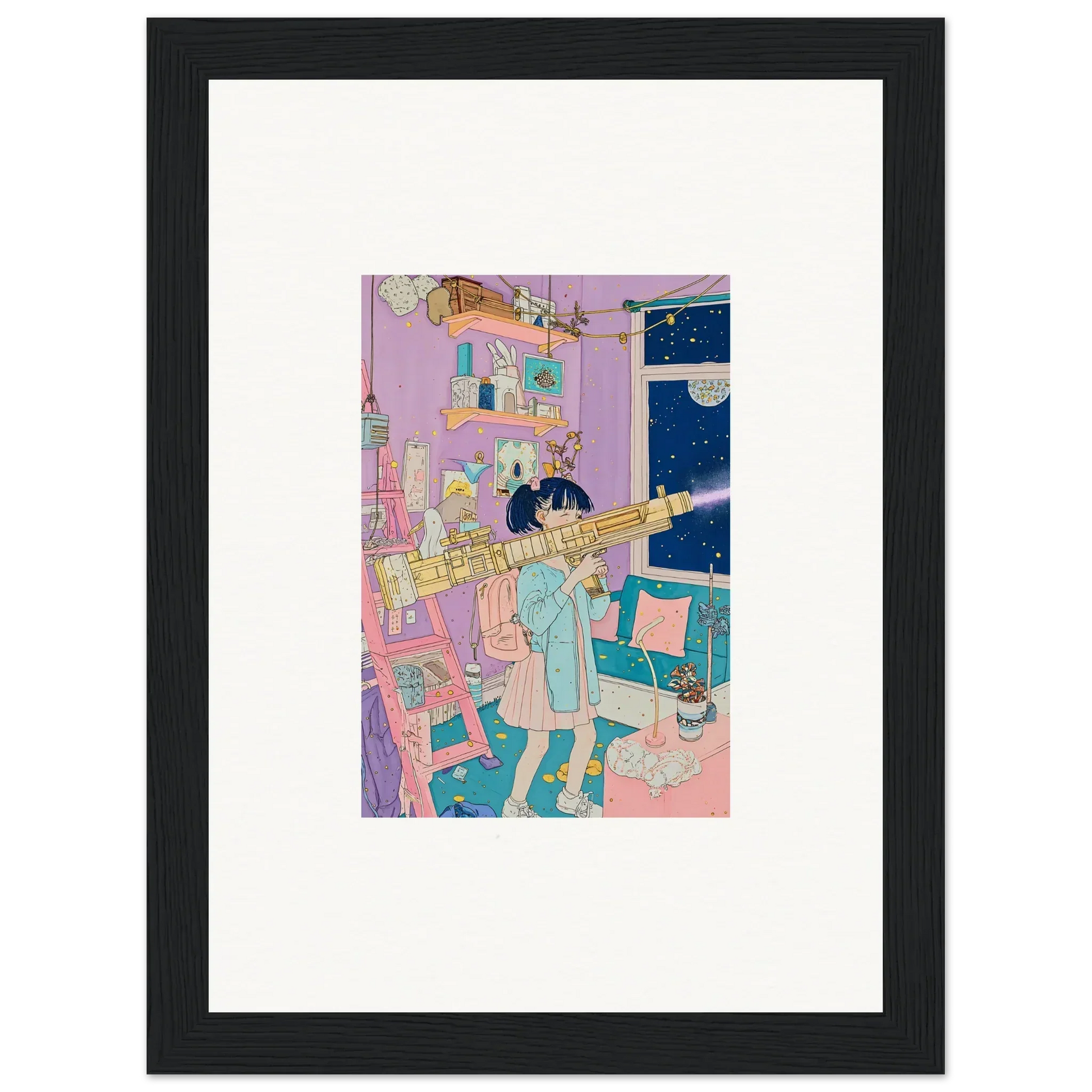 Framed canvas print of a cartoon character playing trumpet in a vibrant cityscape for room decoration