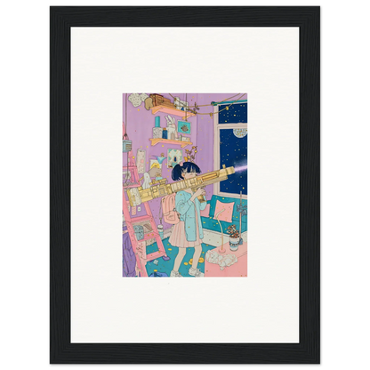 Framed canvas print of a cartoon character playing trumpet in a vibrant cityscape for room decoration