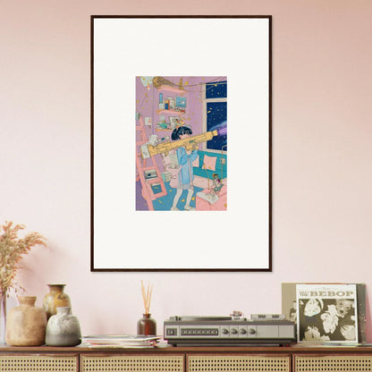 Framed canvas print of a person playing guitar in cozy bedroom, perfect for room decoration