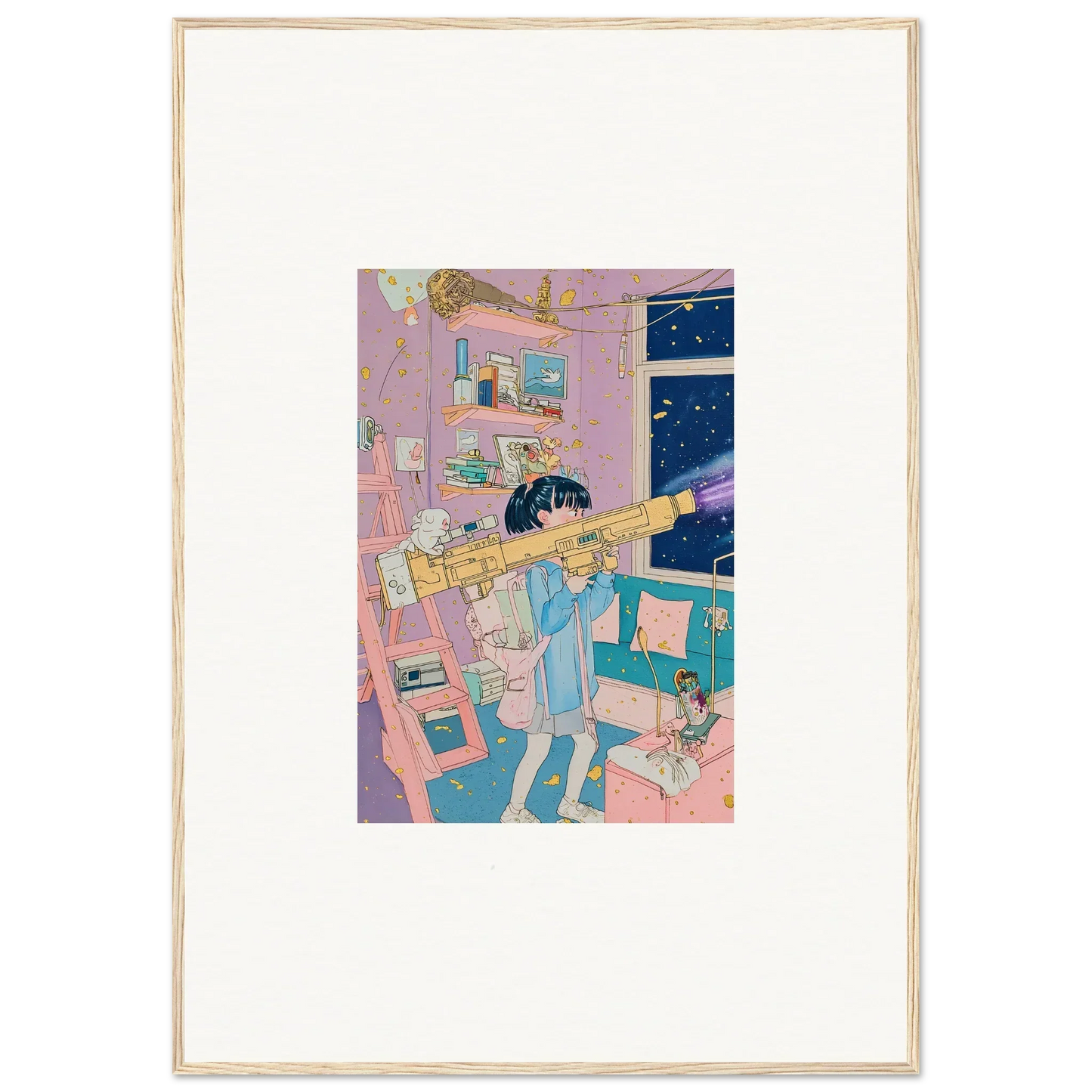 Framed canvas print of a person with a golden telescope in a colorful poetry landscapes room