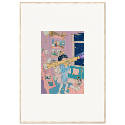 Framed canvas print of a person with a golden telescope in a colorful poetry landscapes room