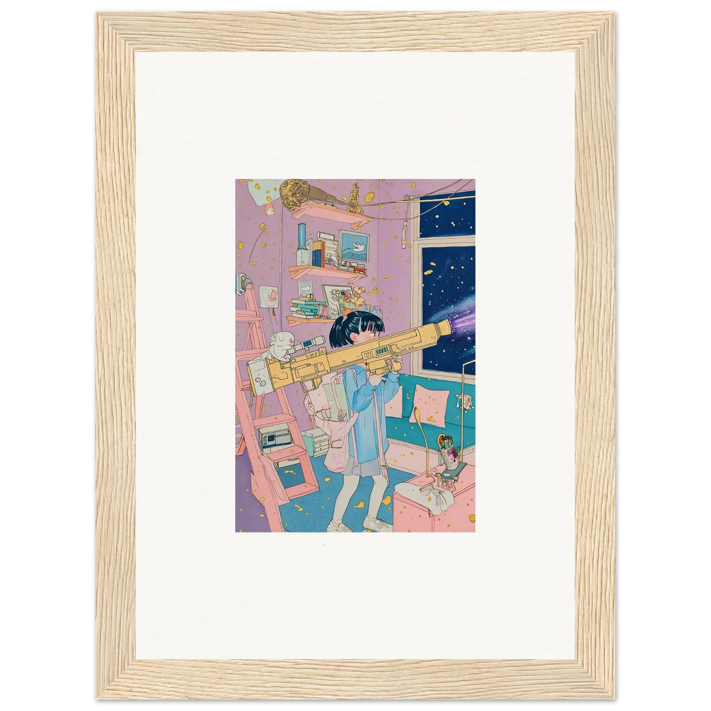 Framed canvas print of a person playing trumpet in a colorful bedroom, perfect for room decoration