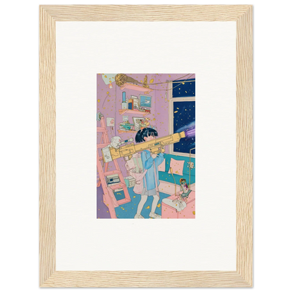 Framed canvas print of a person playing trumpet in a colorful bedroom, perfect for room decoration