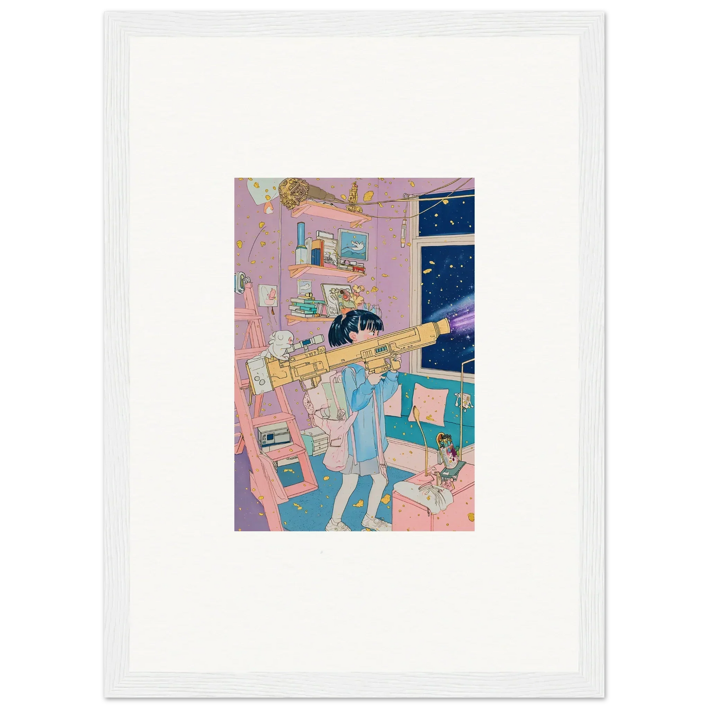 Framed canvas print of a person playing trombone in a colorful bedroom for room decoration