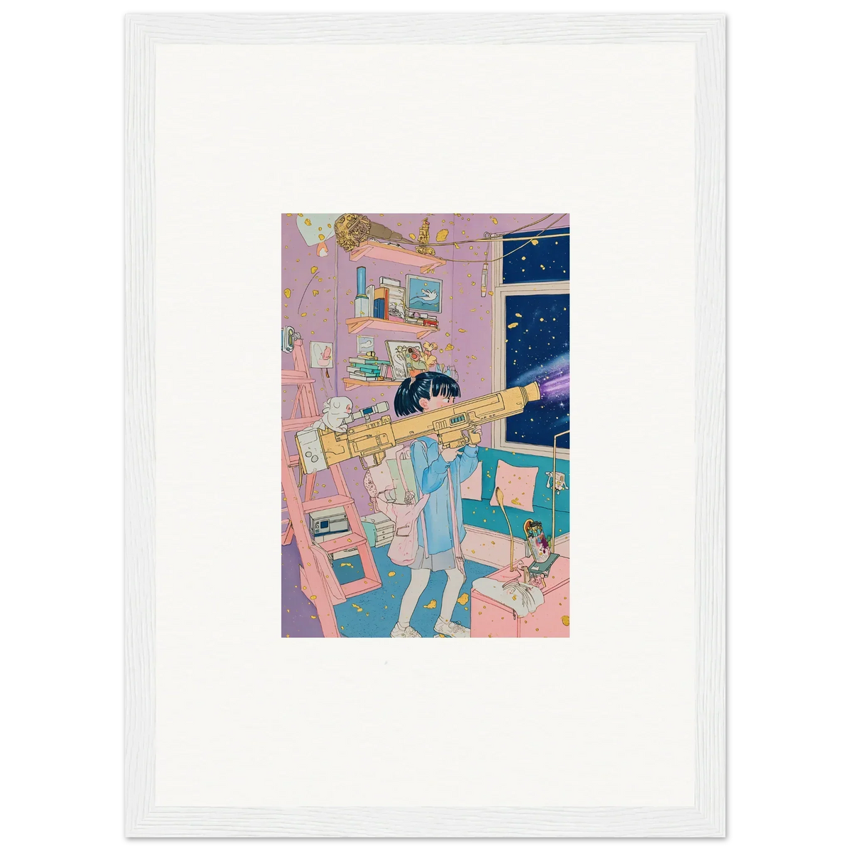 Framed canvas print of a person playing trombone in a colorful bedroom for room decoration