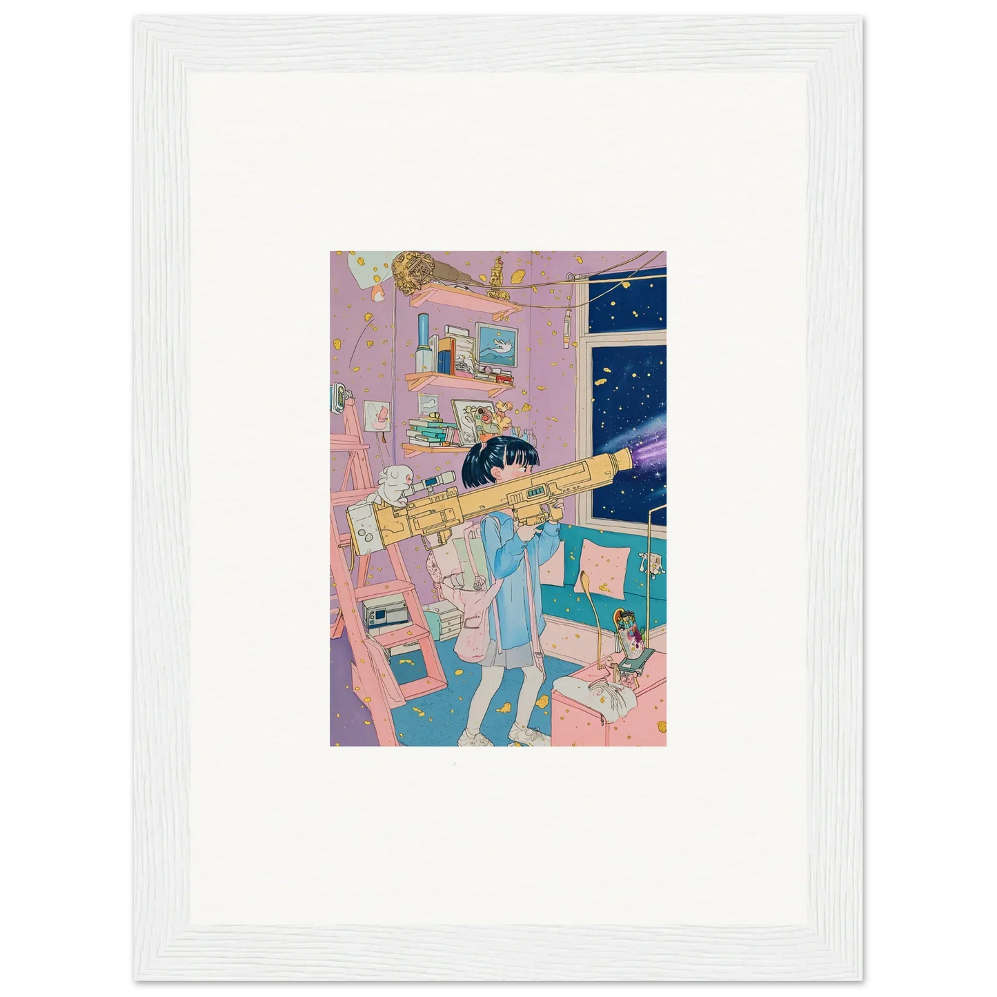 Framed canvas print of a person playing trumpet in a cozy cluttered bedroom