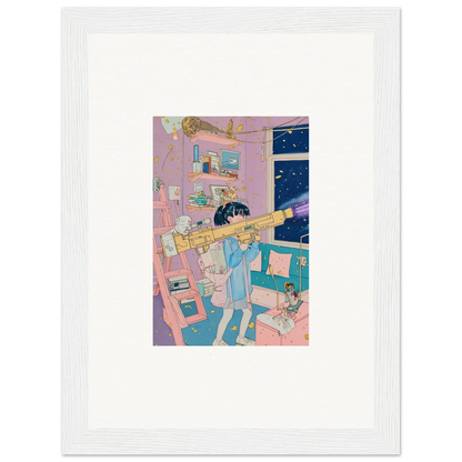 Framed canvas print of a person playing trumpet in a cozy cluttered bedroom