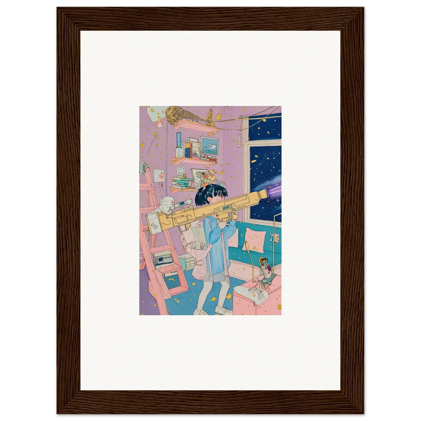 Framed canvas print of a vibrant bedroom scene with a person and telescope, perfect for poetry landscapes room decoration