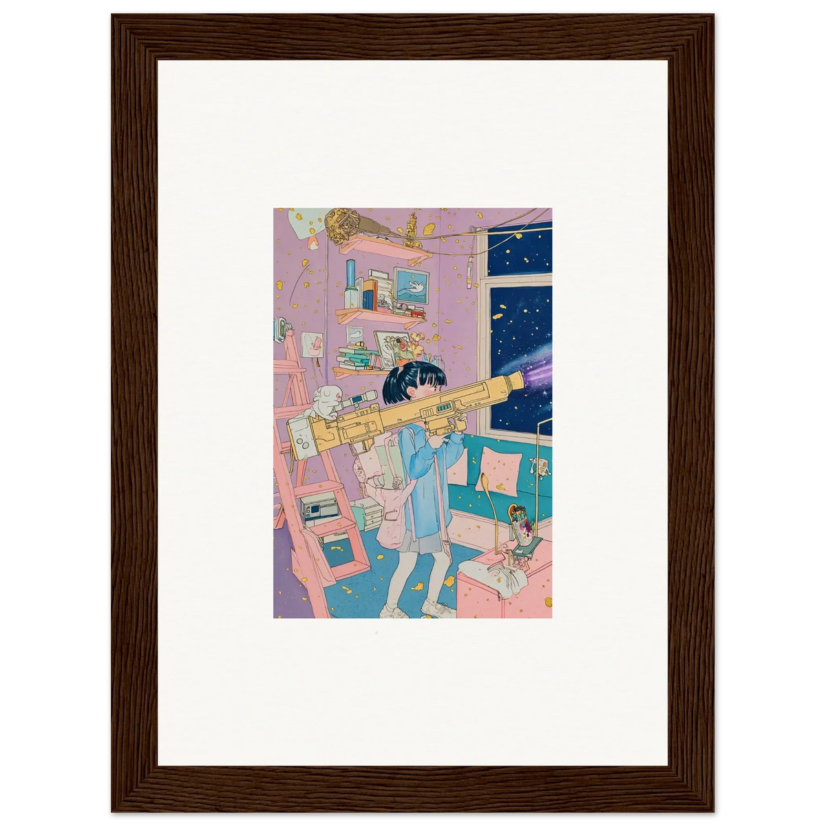 Framed canvas print of a vibrant bedroom scene with a person and telescope, perfect for poetry landscapes room decoration