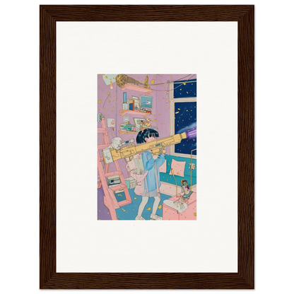 Framed canvas print of a vibrant bedroom scene with a person and telescope, perfect for poetry landscapes room decoration