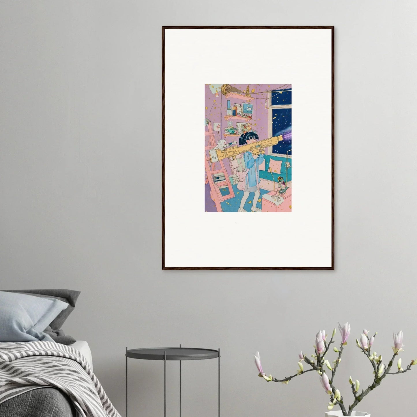 Colorful canvas print of a person in pajamas, perfect for cozy room decoration