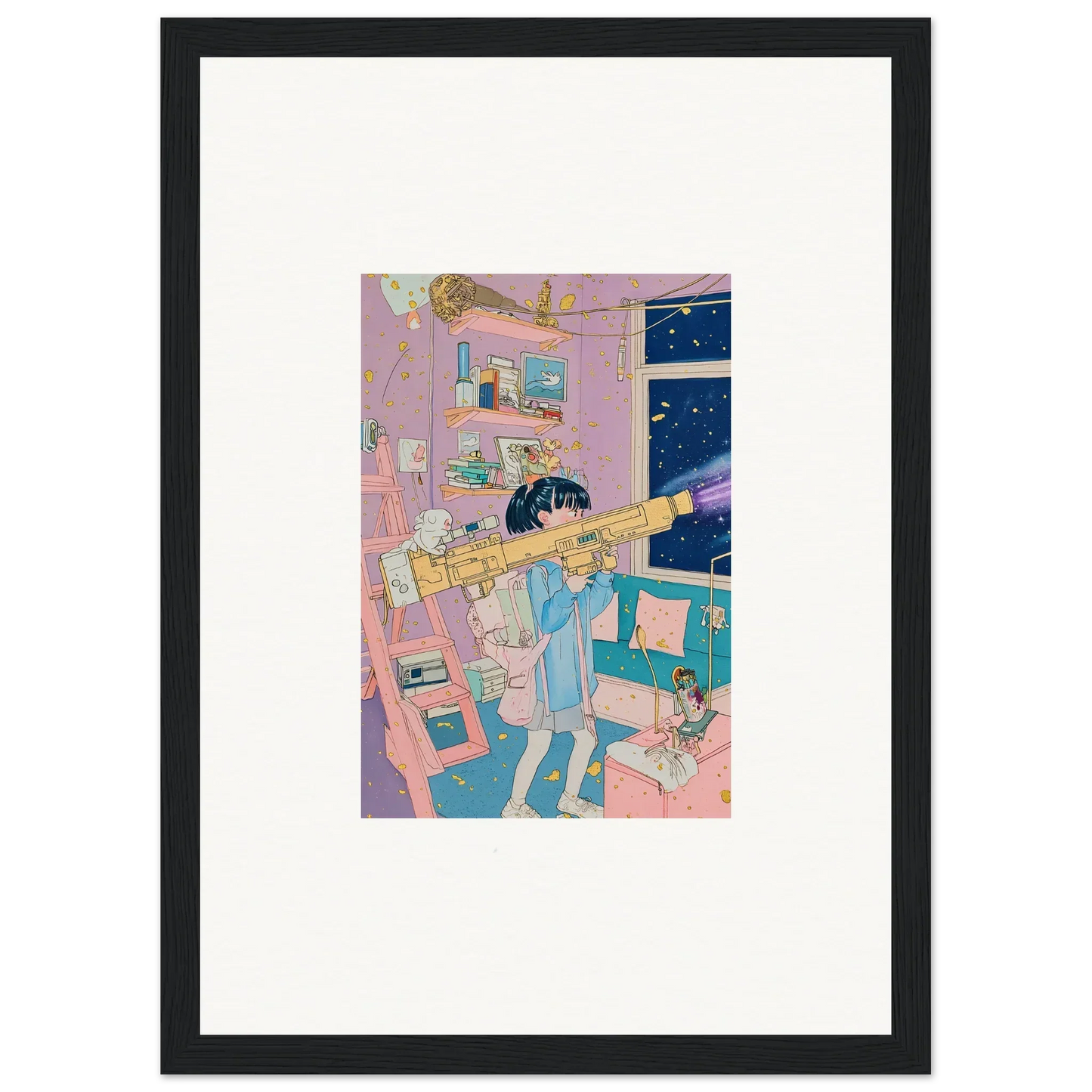 Framed canvas print of a colorful trumpet player in a cozy bedroom for room decoration