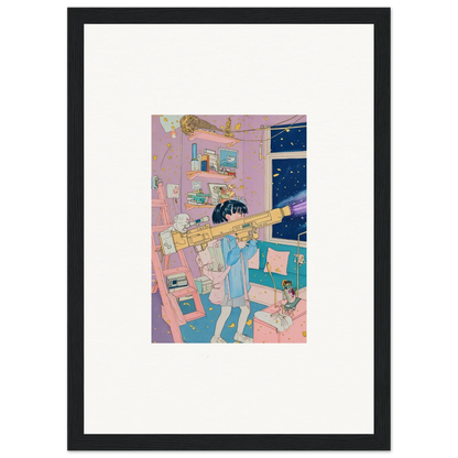 Framed canvas print of a colorful trumpet player in a cozy bedroom for room decoration